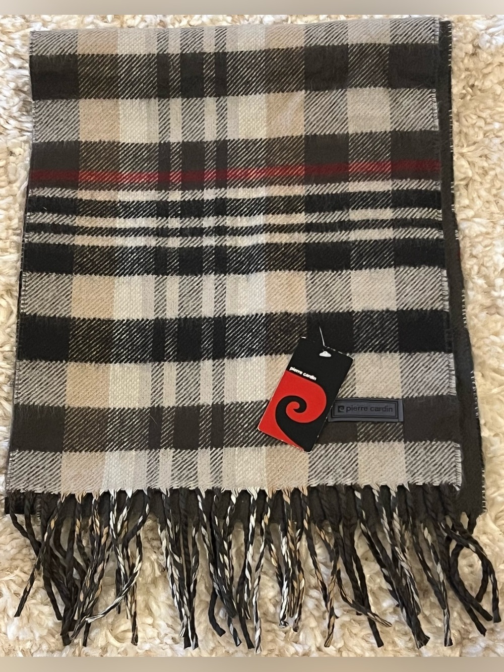 NWT Pierre Cardin Black Gray Cream Plaid Scarf with Red Stripe